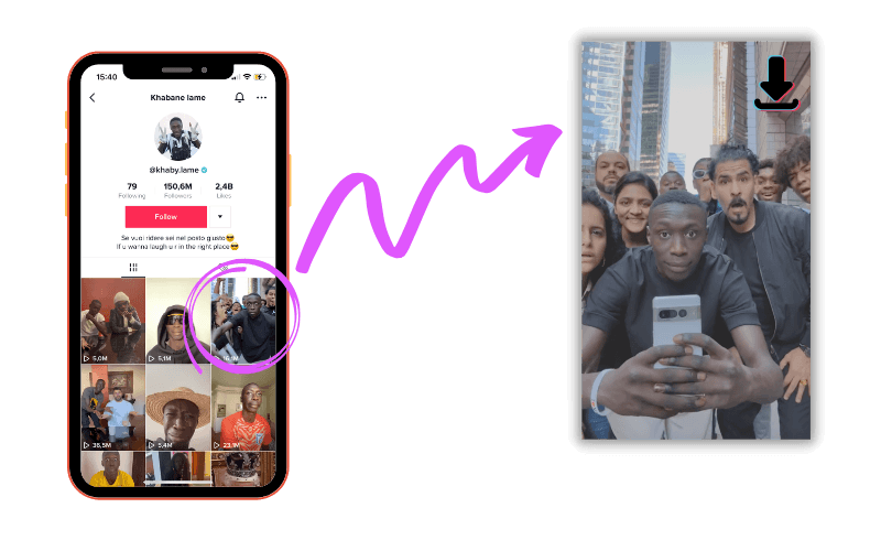 A TikTok video open in the app beside the same video downloaded without the watermark