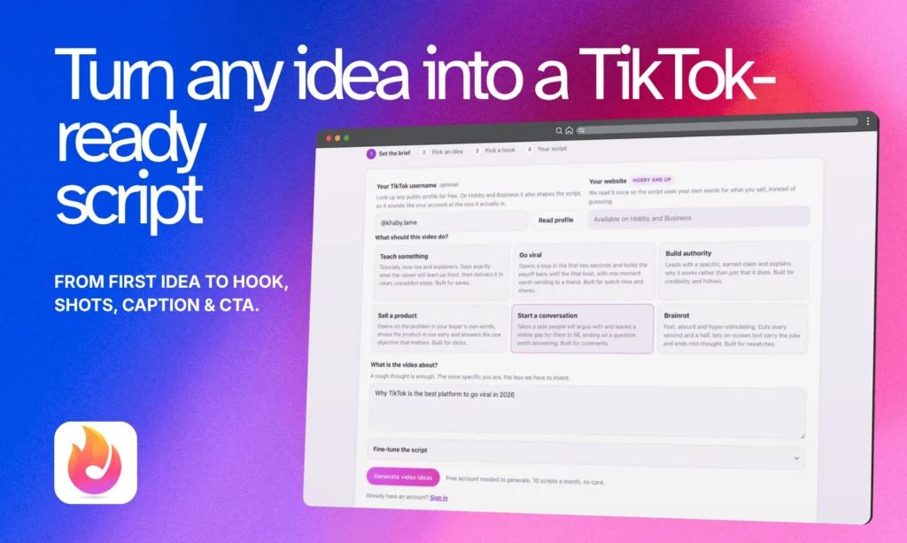 The TikFuel AI TikTok Script Generator brief screen: pick what the video should do, describe the idea, and generate