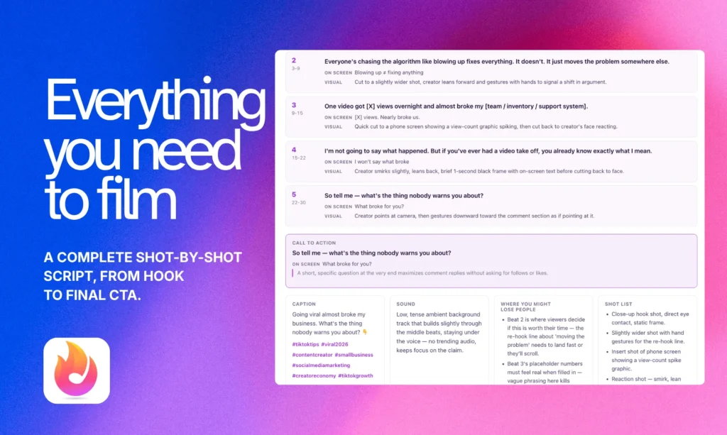 A finished TikFuel script: numbered beats with on-screen text and camera direction, plus caption, sound, shot list and retention notes