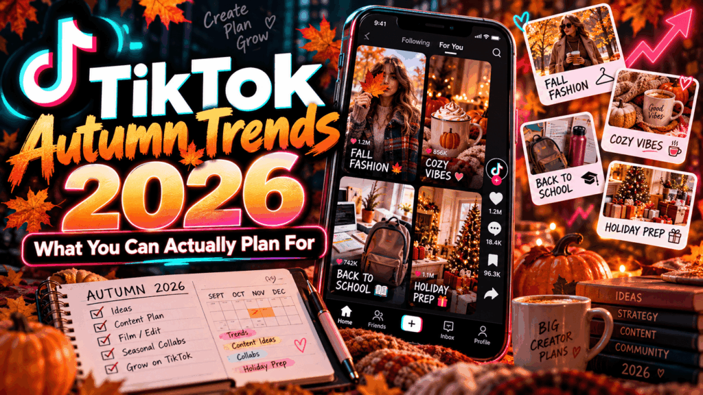 A phone showing an autumn TikTok feed of fall fashion, cozy, back to school and holiday prep videos, next to a September to December content planner